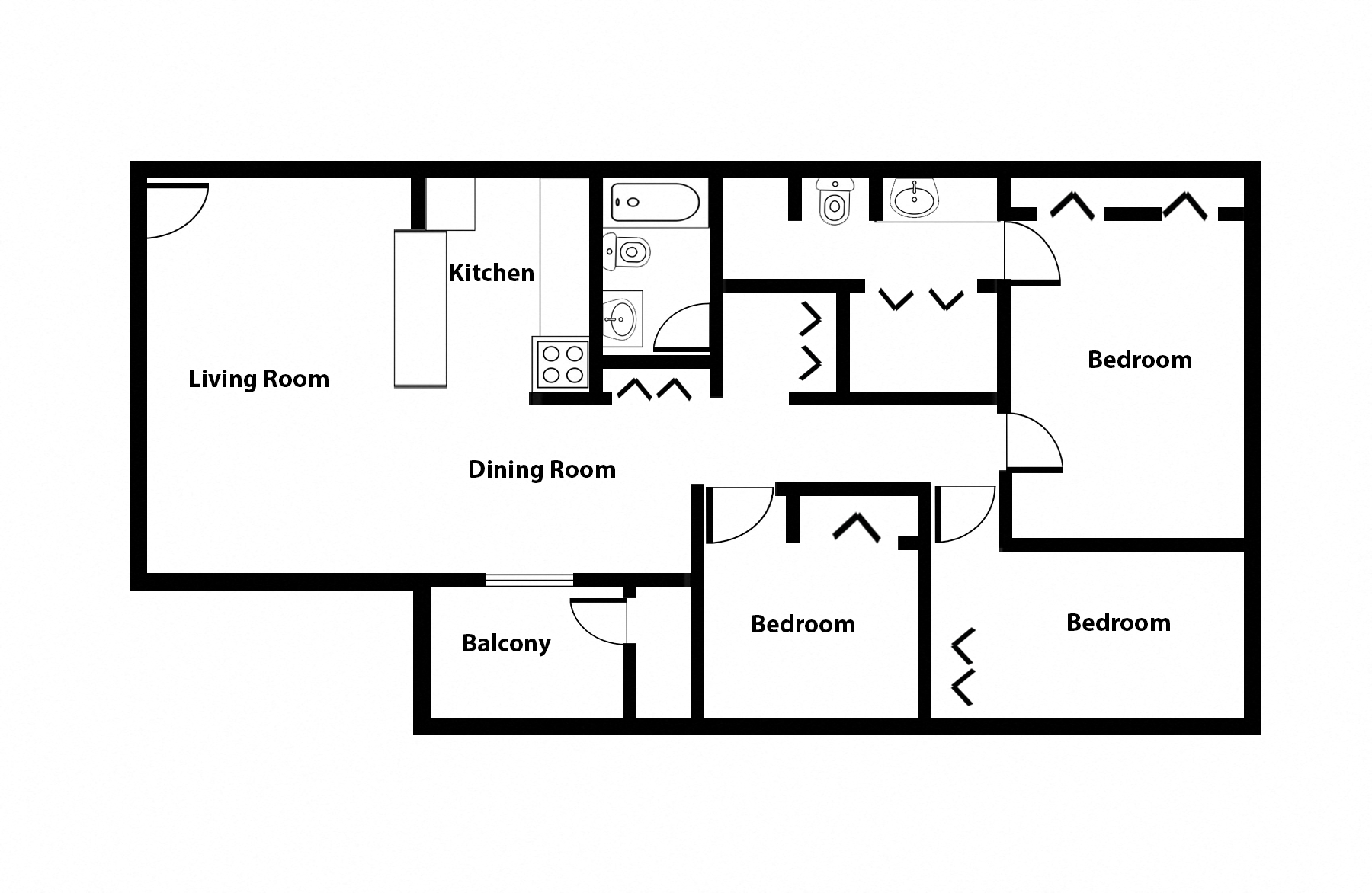 Floor plan for 3 beds, 2 baths, 1060 sqft